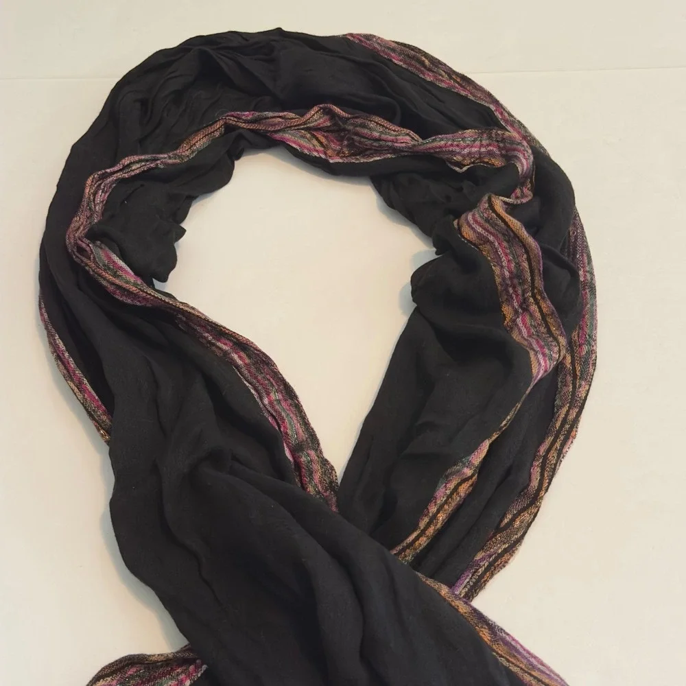 Cejon Black Viscose Scarf Multi Color Metallic Striped Border Fringe Wrap India